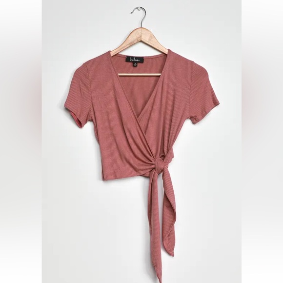 Lulu’s Try Me Out Mauve Purple Ribbed Short Sleeve Wrap Top - Picture 1 of 3